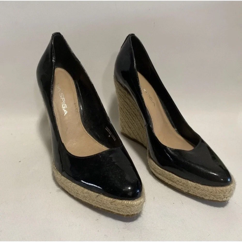 Via Spiga Patent Leather Wedge Pump Rope Heel Black Size 9